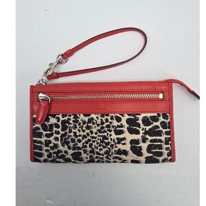 Coach Red Leather Ocelot Leopard Print‎ Canvas Wristlet Wallet 52467